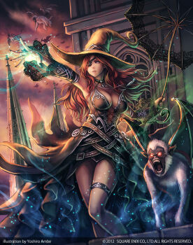 1girl anbe_yoshirou breasts cleavage detached_sleeves dress eyepatch fang female_focus guardian_cross hat large_breasts legs long_hair magic monkey official_art original outstretched_arm pink_eyes red_eyes red_hair solo square_enix thigh_strap umbrella witch witch_hat
