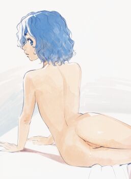 1girl absurdres ass back berserk blue_eyes blue_hair butterchalk completely_nude freckles from_behind grey_background highres isma loli looking_at_viewer looking_back nude parted_lips pussy pussy_juice solo uncensored