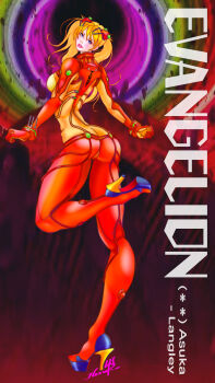 Rule 34 | 1girl, absurdres, adapted costume, alternate breast size (larger), ass, bad anatomy, blue eyes, bodysuit, breasts, brown hair, butt crack, curvy, full body, gradient background, hand in own hair, heruka (artist), highres, impossible bodysuit, impossible clothes, interface headset (evangelion), lips, long hair, looking at viewer, looking back, mecha pilot suit, neon genesis evangelion, parted lips, plugsuit (evangelion), rebuild of evangelion, red bodysuit, solo, souryuu asuka langley, standing, standing on one leg, test plugsuit (evangelion), wide hips