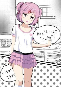 1girl :o animal_print arm_behind_back baking_sheet blush bob_cut bra_strap breasts casual cat_print chair commentary cupcake doki_doki_literature_club embarrassed english_text flustered food frilled_skirt frills furrowed_brow gradient_background halftone halftone_background hand_up head_tilt highres holding jitome kneehighs looking_at_viewer miniskirt mixing_bowl natsuki_(doki_doki_literature_club) open_mouth pink_hair pink_skirt pink_trim print_shirt red_eyes shirt short_hair skirt small_breasts socks solo speech_bubble standing susonofuji sweatdrop swept_bangs t-shirt table two_side_up white_shirt white_socks wooden_chair