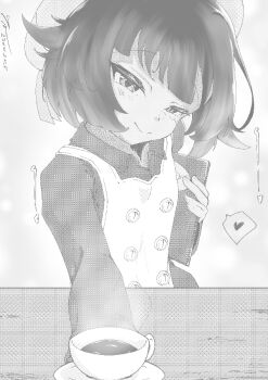 1boy 1girl alpha_transparency closed_mouth collarbone collared_shirt commentary cup dress flat_chest greyscale guided_penetration hair_flaps heart hetero loli long_sleeves looking_at_viewer monochrome navel nipples open_mouth original penis pinafore_dress pussy sex shirt sleeveless sleeveless_dress smile solo_focus speech_bubble spoken_heart symbol-only_commentary teacup thighhighs thumbnail_surprise tninja vaginal