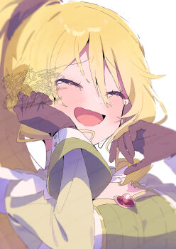 1girl :d ^_^ blonde_hair blush brown_gloves closed_eyes commentary_request gloves green_shirt hands_up highres long_hair long_sleeves magia_record:_mahou_shoujo_madoka_magica_gaiden mahou_shoujo_madoka_magica open_mouth ponytail portrait serizawa_serizane shirt simple_background smile solo tears togame_momoko watermark white_background