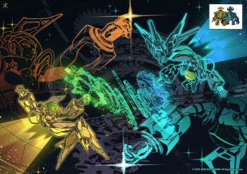 2girls absurdres android apoloniodraws armor ben_10 ben_10:_omniverse blue_armor clock clockwork_(ben_10) flying genderswap genderswap_(mtf) highres jetpack jumpsuit mechanical_arms mechanical_legs multiple_girls omnitrix power_armor space star_(sky) yellow_armor