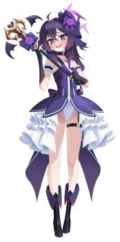 1girl 82jhin absurdres ahoge armlet back_bow bare_shoulders bat_wings belt_collar black_boots black_collar black_gloves blue_archive blush boots bow cameltoe collar collarbone commentary_request dress flat_chest flower frilled_armlet frilled_dress frills full_body gem gloves gluteal_fold hair_intakes halo haruka_(blue_archive) hat hat_bow hat_flower head_tilt heart heart-shaped_gem heart-shaped_pupils highres holding holding_wand jewelry legs leotard leotard_under_clothes long_hair looking_at_viewer magical_girl mini_hat mini_top_hat multicolored_boots o-ring o-ring_thigh_strap open_mouth partially_fingerless_gloves petite purple_boots purple_bow purple_dress purple_eyes purple_gemstone purple_halo sidelocks simple_background smile solo standing symbol-shaped_pupils tachi-e teeth thigh_strap top_hat two-tone_boots two-tone_dress upper_teeth_only wand white_background white_leotard white_trim wings