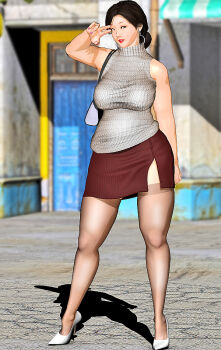 1girl bag black_hair breasts earrings full_body hair_bun handbag high_heels jewelry kill_the_king large_breasts looking_at_viewer mature_female miniskirt outdoors photo_background see-through_clothes see-through_legwear shadow single_hair_bun skirt sleeveless solo standing sweater thighhighs v white_footwear