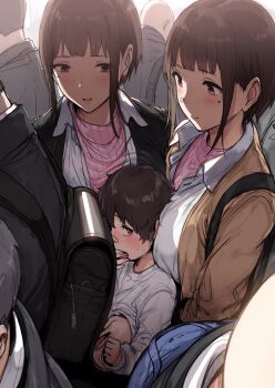 1boy 2girls age_difference assertive_female black_coat blush brown_coat brown_hair chijo chikan child coat collared_shirt commentary english_commentary finger_in_another's_mouth girl_sandwich groping hews highres indoors long_sleeves mole mole_under_eye molestation multiple_boys multiple_girls onee-shota open_mouth original pink_sweater public_indecency red_eyes ribbed_sweater sandwiched shirt short_hair short_hair_with_long_locks smile standing sweat sweater tongue twintails white_shirt