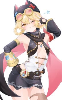 1girl animal_ear_headwear beanie belt black_belt black_cape black_gloves black_hat black_scarf black_shorts black_sleeves blonde_hair blush braid braided_hair_rings breasts cape center_opening closed_mouth commentary_request compass cowboy_shot detached_sleeves dot_nose eyewear_on_head fake_animal_ears fingerless_gloves genshin_impact gloves grey_thighhighs hair_between_eyes hair_rings hand_on_own_hip hat highres jahoda_(genshin_impact) mechanical_arms no_bra one_eye_closed pink-tinted_eyewear prosthesis prosthetic_arm red_cape scarf setonogiwa short_shorts shorts simple_background single_detached_sleeve single_mechanical_arm single_thighhigh small_breasts solo star-shaped_pupils star_(symbol) symbol-shaped_pupils thighhighs tinted_eyewear torn_clothes torn_thighhighs two-sided_cape two-sided_fabric v white_background yellow-framed_eyewear yellow_eyes