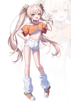1girl absurdres black_choker blush choker crop_top double_bun gam_gyuri hair_between_eyes hair_bun highres indie_virtual_youtuber long_hair midriff multicolored_shoes navel open_mouth orange_eyes orange_hair orange_shirt orange_shoes shirt shoes short_sleeves shorts smile sneakers solo stomach tank_top thighhighs twintails ugwa virtual_youtuber white_background white_shoes white_shorts white_tank_top white_thighhighs wristband zoom_layer