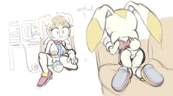 2girls animal_nose anus ass blue_necktie breasts brown_hair cameltoe caught computer constricted_pupils couch cream_the_rabbit crotch_rub detached_collar dress easter_egg egg english_text female_focus flat_color from_behind full_body furry furry_female gloves hand_on_own_thigh high_heels indoors kneeling large_breasts leaning_forward loli long_animal_ears looking_at_another mature_female monitor mother_and_daughter multiple_girls necktie nervous_sweating nipples on_couch on_one_knee open_mouth panties pantyshot pussy pussy_juice rabbit_ears rabbit_girl rabbit_tail recording red_dress red_footwear rockthebull shoes short_dress short_hair sketch socks sonic_(series) spread_legs sweat talking thighs underwear upskirt vanilla_the_rabbit webcam white_gloves white_panties white_socks wide-eyed