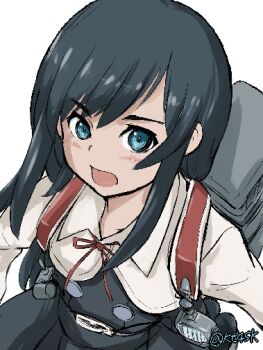 Rule 34 | 1girl, 4suke, asashio (kancolle), asashio kai ni (kancolle), belt, black dress, black hair, blue eyes, blush, collarbone, collared jacket, commentary, cropped jacket, depth charge, dress, hair between eyes, jacket, jaggy lines, kantai collection, long hair, long sleeves, nekopaint (medium), oekaki, one-hour drawing challenge, open mouth, rigging, searchlight, sidelocks, simple background, solo, strap, twitter username, white background, white jacket