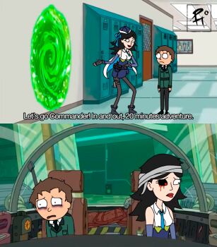 1boy 1girl bandaged_head bandages belt_pouch black_hair black_necktie black_shoes bleeding_eye blue_gloves blue_necktie blue_shoes breast_pocket breasts brown_hair cartoonized collared_shirt commander_(nikke) corruption detached_sleeves door elbow_gloves fingerless_gloves furrowed_brow gloves goddess_of_victory:_nikke green_jacket grey_gloves hat indoors jacket locker long_hair marian_(nikke) medium_breasts military_hat military_jacket military_uniform necktie pocket portal_(object) pouch rick_and_morty scene_reference shirt shoes short_hair size_difference sleeveless sleeveless_shirt space_ship tall_female tired_eyes toon_(style) white_shirt