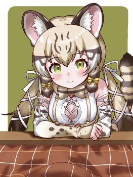 1girl animal_ears bow bowtie cat_ears cat_girl cat_tail extra_ears geoffroy's_cat_(kemono_friends) green_background green_eyes grey_hair highres kemono_friends kemono_friends_v_project kotatsu long_hair looking_at_viewer matabi_umi microphone ribbon shirt simple_background skirt solo suspenders table tail twintails virtual_youtuber