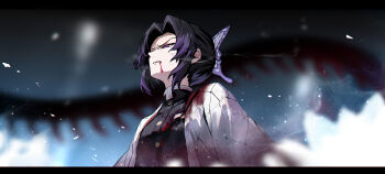 1girl black_hair black_jacket blood blood_from_mouth blood_on_clothes blurry blurry_background breasts butterfly_hair_ornament commentary_request depth_of_field forehead hair_ornament highres jacket kimetsu_no_yaiba kochou_shinobu medium_breasts multicolored_hair open_clothes parted_bangs purple_eyes purple_hair shimmer solo streaked_hair sweat upper_body v-shaped_eyebrows veins