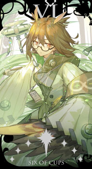 1girl absurdres arknights armband black-framed_eyewear black_dress brown_hair card_(medium) commentary dress english_commentary expressionless feathers glasses grey_armband head_wings high_collar highres holding holding_wand id_card kotatsu_kaya lanyard lens_flare light_particles looking_at_viewer looking_to_the_side minor_arcana_(tarot) red_eyes reverse_grip rhine_lab_logo semi-rimless_eyewear short_hair sideways_glance silence_(arknights) solo striped_clothes striped_dress tarot thighhighs turtleneck unmanned_aerial_vehicle vertical-striped_clothes vertical-striped_dress wand white_dress winged_arms wings zettai_ryouiki