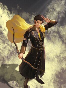 1boy black_boots boots bow_(weapon) brown_hair cape claude_von_riegan dark-skinned_male dark_skin fire_emblem fire_emblem:_three_houses garreg_mach_monastery_uniform gold_cape green_eyes highres holding holding_bow_(weapon) holding_weapon long_sleeves male_focus nintendo parted_lips shadow short_hair side_cape smile weapon wrainbow13 yellow_cape