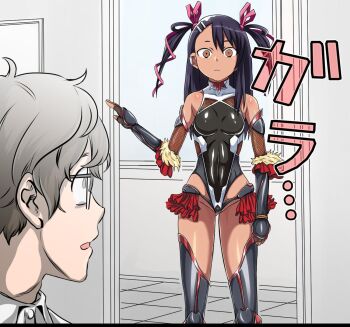 1boy 1girl alternate_hairstyle armor bare_shoulders black_hair brown_eyes classroom cosplay expressionless glasses grey_hair hachiouji_naoto highres ijiranaide_nagatoro-san leotard looking_at_another mizuki_yukikaze mizuki_yukikaze_(cosplay) nagatoro_hayase norigurin one-piece_tan surprised taimanin_(series) taimanin_yukikaze tan tanline trait_connection two_side_up wide_hips