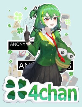 Rule 34 | 1girl, 4chan, 9/11, :d, absurdres, bitcoin, black gloves, black skirt, blue background, breasts, clover, clover hair ornament, commentary, copyright name, cosplay, cropped legs, doge, english commentary, four-leaf clover, four-leaf clover hair ornament, gloves, green hair, green jacket, hair ornament, highres, holding mascot head, jacket, layered clothes, mascot head, medium hair, middle finger, necktie, no symbol, open mouth, original, outline, pepe the frog, pepe the frog (cosplay), personification, phonetik, pleated skirt, rage comic, red eyes, red necktie, shirt, skirt, small breasts, smile, smug, solo, standing, tri tails, white outline, white shirt