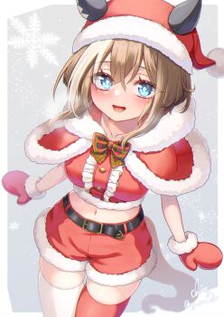 1girl animal_ears belt black_belt blue_eyes blush bow breasts brown_hair capelet cheval_grand_(umamusume) christmas cropped_shirt ear_covers ears_through_headwear fur-trimmed_capelet fur-trimmed_headwear fur-trimmed_mittens fur-trimmed_shorts fur_trim hair_between_eyes hat horse_ears horse_girl horse_tail komaki_yuzu large_breasts long_hair looking_at_viewer midriff mismatched_thighhighs mittens multicolored_hair navel open_mouth red_bow red_capelet red_mittens red_shirt red_shorts red_thighhighs santa_costume santa_hat shirt shorts smile solo streaked_hair tail thighhighs umamusume white_hair white_thighhighs
