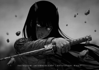 1girl artist_name black_hair bleeding blood blood_on_face commentary english_commentary epaulettes female_focus greyscale highres horns kill_la_kill kiryuuin_satsuki long_hair looking_at_viewer manip monochrome pebble school_uniform serious simple_background solo sword upper_body very_long_hair watermark weapon
