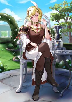 Rule 34 | 1girl, bare shoulders, blonde hair, blush, boots, breasts, brown dress, bush, chair, citrinne (fire emblem), cleavage, closed mouth, crossed legs, dress, earrings, feather hair ornament, feathers, fire emblem, fire emblem engage, gold choker, gold trim, hair ornament, hedge, highres, hoop earrings, jewelry, large breasts, looking at viewer, mugitoro (dsfv2277), nintendo, outdoors, pantyhose, red eyes, short hair, sitting, smile, solo, table, tree, wing hair ornament