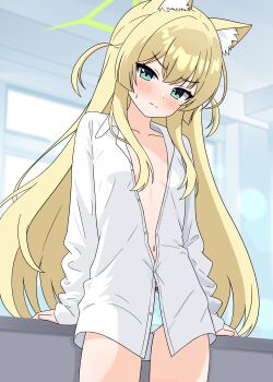 1girl absurdres alternate_costume animal_ear_fluff animal_ears aqua_panties arms_at_sides blonde_hair blue_archive blurry blurry_background blush bow bow_panties breasts breasts_apart closed_mouth collarbone collared_shirt commentary cowboy_shot dress_shirt fingerless_gloves fox_ears front-print_panties frown gloves green_eyes green_halo hair_between_eyes hairclip_(user_rasc5457) halo highres indoors kurumi_(blue_archive) long_hair looking_at_viewer no_bra open_clothes open_shirt oversized_clothes oversized_shirt panties partially_unbuttoned pink_bow print_panties shirt sidelocks sleeves_past_wrists small_breasts solo split_mouth straight_hair sweatdrop triangle_halo tsurime two_side_up underwear v-shaped_eyebrows very_long_hair white_shirt