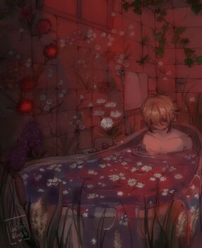 1boy artist_name basil_(faraway)_(omori) basil_(omori) bathroom bathtub blonde_hair faceless faceless_male highres indoors male_focus nude omori short_hair sidelocks solo towel umilini2 water window