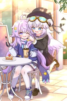 2girls absurdres bandaid bandaid_on_face black_gloves black_hat black_shirt black_shorts black_skirt blue_eyes blue_jacket bottle cake chair commentary drinking_straw fang fingerless_gloves food fork gloves goggles goggles_on_head hair_ornament hat highres holding holding_bottle holding_fork jacket long_hair milk_tea multiple_girls open_mouth original pantyhose pleated_skirt purple_eyes purple_hair shirt shorts sitting skirt star_(symbol) star_hair_ornament sweater table tonghua_sakana white_pantyhose white_sweater