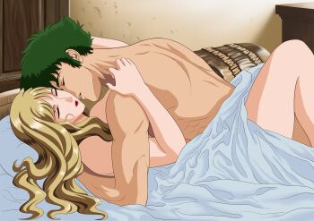 blonde_hair closed_eyes couple cowboy_bebop curly_hair green_hair julia_(cowboy_bebop) legs missionary nekro-comix on_bed sex spike_spiegel