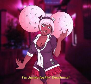 1girl afro afro_puffs arm_up atrium bear_hair_ornament black_choker black_hairband black_headband black_headwear blush bra breasts choker cleavage collarbone collared_shirt danganronpa_(series) danganronpa_another_episode:_ultra_despair_girls dark_skin english_text fake_nails fingernails grey_eyes hair_ornament hairband hand_up headband headset headwear_request highres hisspurrmeows large_breasts lips long_eyelashes looking_to_the_side microphone nail_polish necktie open_mouth pink_background pink_hair plaid_clothes plaid_skirt pointing raised_arm red_nails red_skirt second_generation_enoshima_junko shirt skirt teeth tongue underwear upper_teeth_only white_neckwear