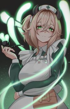 1girl absurdres animal_ears arm_under_breasts black_background breasts brown_hair cowboy_shot dress gradient_background green_background green_dress green_eyes hat highres indie_virtual_youtuber large_breasts nimi_nightmare nimi_nightmare_(1st_costume) nurse_cap simple_background sioell smoking_pipe solo tapir_ears tapir_girl upper_body virtual_youtuber