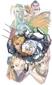 3girls 4boys ahoge bengus biting biting_another's_arm blanka blonde_hair blue_leotard braid cammy_white cody_travers colored_skin domino_mask e._honda eating eye_mask facepaint game_cg garrison_cap green_skin grin hat heattech_leotard highres huge_ahoge kanzuki_karin killer_bee_cammy leotard mask multiple_boys multiple_girls necktie non-web_source official_art orange_hair prison_clothes punching rainbow_mika ringlets short_necktie smile street_fighter street_fighter_zero_(series) turtleneck twintails vega_(street_fighter) wrestler