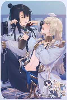 2boys animal animal_on_head bird bird_on_head black_hair blonde_hair blush bottle chibi chibi_inset chikuihaku chinese_clothes closed_eyes fate/grand_order fate_(series) gold_choker green_eyes hair_bun hair_tubes half_updo highres holding holding_bottle jewelry long_hair long_sleeves low-tied_sidelocks male_focus multiple_boys navel necklace noah_(fate) on_head open_mouth robe sidelocks single_hair_bun sitting smile sweatdrop taigong_wang_(fate) tipsy white_robe