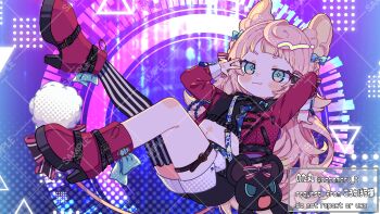 1girl :3 absurdres artist_name black_shirt black_shorts black_thighhighs blonde_hair blue_eyes blush_stickers boots closed_mouth commentary_request commission crop_top cropped_shirt full_body hand_up high_heel_boots high_heels highres indie_virtual_youtuber jacket korone_pochi long_hair long_sleeves looking_at_viewer midriff navel notamaru_2 open_clothes open_jacket red_boots red_jacket sample_watermark shirt shorts single_thighhigh smile solo striped_clothes striped_thighhighs thick_eyebrows thigh_strap thighhighs twitter_username virtual_youtuber w watermark watermark_grid