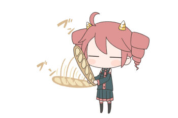 Rule 34 | 1girl, afterimage, ahoge, bad id, bad tumblr id, baguette, bread, chibi, chibi only, closed eyes, cone horns, detached sleeves, drill hair, food, full body, holding, holding food, horns, kasane teto, kasane teto (utau), long sleeves, motion lines, no mouth, no nose, pink hair, pleated skirt, simple background, skirt, solo, sound effects, standing, torla16, twin drills, utau, white background
