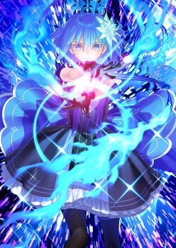 1girl black_dress black_gloves black_pantyhose blue_eyes blue_fire blue_hair breasts c.i.e.l_(fate) star_ciel_(fate) ciel_(tsukihime) closed_mouth cowboy_shot diffraction_spikes dress fate/grand_order fate_(series) fire floating_clothes floating_hair floating_headgear frilled_dress frills game_cg gloves hair_between_eyes hair_ornament hands_up headgear layered_dress looking_at_viewer official_art outstretched_crossed_arms pantyhose pyrokinesis short_dress short_hair smile solo sparkle straight-on takeuchi_takashi third-party_source train_(clothing) v-shaped_eyebrows
