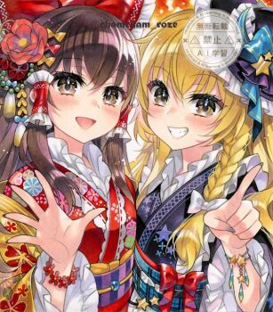 2girls alternate_costume black_kimono blonde_hair blush bow braid brown_eyes brown_hair chacham commentary_request finger_counting floral_print flower frilled_bow frilled_hair_tubes frills furisode grin hair_bow hair_flower hair_ornament hair_tubes hakurei_reimu hat hat_bow hat_ornament japanese_clothes kanzashi kimono kirisame_marisa long_hair long_sleeves looking_at_viewer multiple_girls new_year obi print_kimono purple_nails red_bow red_kimono sash side_braid single_braid smile star_(symbol) star_hat_ornament star_print touhou tsumami_kanzashi twitter_username watermark witch_hat yellow_eyes