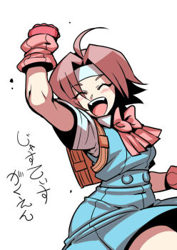 Rule 34 | 1girl, :d, backpack, bag, bow, brown hair, closed eyes, gloves, headband, justice gakuen, open mouth, pink bow, ribbon, school uniform, short hair, simple background, skirt, smile, solo, taiyou gakuen uniform, tukiwani, wakaba hinata, white background, white headband