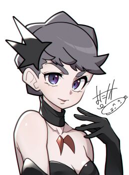 1girl alternate_color braid braided_bun breasts chromatic_aberration cleavage collarbone cosplay detached_collar diantha_(pokemon) elbow_gloves gardevoir gen_3_pokemon gloves grey_hair hair_bun hair_ornament jewelry mega_gardevoir mega_gardevoir_(cosplay) mega_pokemon mituyota_76 necklace nintendo parted_lips pokemon pokemon_xy purple_eyes shiny_pokemon short_hair small_breasts solo upper_body