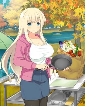 1girl apple aqua_eyes autumn autumn_leaves bag bean_sprout bell_pepper black_pantyhose blonde_hair blue_skirt blue_sky blush bowl breasts camping carrot cleavage collarbone cowboy_shot cutting_board denim denim_skirt eggplant food forest fruit frying_pan grass green_hair_ornament hair_ornament hairclip holding holding_frying_pan jacket large_breasts leaf long_hair looking_at_viewer nature non-web_source official_art onion outdoors pantyhose paper_bag pink_jacket plant plate potato river senran_kagura senran_kagura_new_wave senran_kagura_shoujo-tachi_no_shin&#039;ei shelf shirt skirt sky smile solo standing table tent tomato tree very_long_hair white_shirt yomi_(senran_kagura) zucchini_(vegetable)