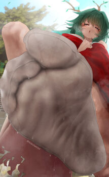 1girl absurdres antlers artist_name blurry blurry_background breasts character_request commentary day english_commentary feet foot_focus foot_out_of_frame foreshortening from_below green_hair hair_intakes hand_up highres horns huge_breasts japanese_clothes kimono looking_at_viewer no_shoes nokchamint outdoors paid_reward_available presenting_foot red_eyes red_kimono sengoku_youko smell soles solo steaming_body sweatdrop sweaty_feet tabi toe_scrunch toe_seam toes tree twitter_username