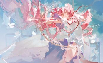 1girl absurdly_long_hair absurdres arrow_(projectile) artist_name bird blue_background boots bow bow_(weapon) chest_jewel cleavage_cutout clothing_cutout collarbone determined diamond_cutout dove drawing_bow dress eiki- eyelashes floating_hair foot_out_of_frame frilled_dress frilled_sleeves frills gem gloves hair_between_eyes hair_bow highres holding holding_arrow holding_bow_(weapon) holding_weapon indoors kaname_madoka knees leg_up light_particles long_dress long_hair looking_ahead mahou_shoujo_madoka_magica mahou_shoujo_madoka_magica_(anime) photo_(object) picture_frame pink_boots pink_gemstone pink_hair short_sleeves solo space_print sparkle starry_sky_print thigh_boots two-sided_dress two-sided_fabric two_side_up ultimate_madoka very_long_hair wavy_hair weapon white_bow white_dress white_gloves yellow_eyes