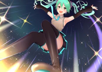 1girl 3d aqua_eyes aqua_hair aqua_necktie black_skirt blush boots breasts closed_eyes deca_purio detached_sleeves hatsune_miku headset light long_hair medium_breasts midair necktie night petals shadow skirt sky smile solo sparkle spotlight star_(sky) thigh_boots thighhighs tiptoes twintails very_long_hair vocaloid