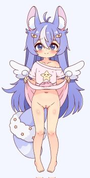 1girl 2kaze bare_shoulders barefoot blush butt_fangs chinchilla_girl clavicles clothes_lift flat_chest heel_blush highres indie_virtual_youtuber knee_blush loli poki_nemuru pussy pussy_blush shoulder_blush skirt skirt_lift solo star_shirt virtual_youtuber