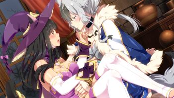 2girls aki_(sakura_isekai_adventure) animal_ears armor armored_dress black_choker blue_eyes cat_ears choker dress fur_jacket grey_hair highres inma jacket mina_(sakura_isekai_adventure) multicolored_hair multiple_girls sad sakura_isekai_adventure tail thighhighs wolf_ears wolf_tail yuri