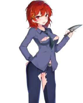 1girl belt black_belt blue_pants blue_shirt blush breasts censored collared_shirt embarrassed feet_out_of_frame game_cg grey_necktie hair_between_eyes hair_ornament hairclip hand_on_own_hip holding holding_knife holding_weapon jewelry_(pronant_symphony) knife large_variant_set long_sleeves looking_at_viewer medium_breasts medium_hair mosaic_censoring necktie nipple_slip nipples open_mouth pants pronant_symphony pussy raised_inner_eyebrows red_eyes red_hair shirt simple_background solo standing tachi-e tefun_(tehun) third-party_source torn_clothes torn_pants torn_shirt transparent_background tsurime untucked_shirt variant_set weapon