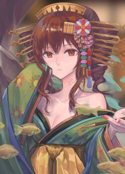 1girl alternate_costume alternate_hair_color bare_shoulders breasts brown_eyes brown_hair cleavage closed_mouth drill_hair fish green_kimono hair_ornament highres holding holding_smoking_pipe japanese_clothes kanzashi kasane_teto kimono kiseru long_sleeves looking_at_viewer nail_polish off_shoulder qiu-k_(qiukkon) red_nails signature smoking_pipe solo twin_drills upper_body utau watermark wide_sleeves yoshiwara_lament_(utau)