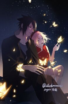 1boy 1girl bare_shoulders black_coat black_hair black_pants blue_shirt breasts bug butterfly coat couple feet_out_of_frame glowing_butterfly green_eyes hair_between_eyes hair_over_one_eye hairband haruno_sakura hetero highres insect long_coat medium_breasts medium_hair mushroomuaa naruto_(series) night night_sky open_mouth pants parted_bangs parted_lips pink_hair red_hairband red_shirt shirt sitting sky sleeveless sleeveless_shirt smile spiked_hair twitter_username uchiha_sasuke
