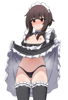 1girl absurdres alternate_costume black_dress black_panties black_thighhighs breasts brown_hair clothes_lift dress dress_lift enmaided frilled_dress frilled_thighhighs frills gluteal_fold highres kagironsfw kono_subarashii_sekai_ni_shukufuku_wo! lifting_own_clothes loli maid maid_headdress megumin nipples panties red_eyes short_hair_with_long_locks simple_background small_breasts solo thighhighs underwear white_background