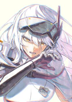 1girl cloak colored_eyelashes commentary_request dog_tags goddess_of_victory:_nikke korean_commentary laejjo mechanical_arms open_mouth serious single_mechanical_arm snow_white_(nikke) solo tears upper_body visor_(armor) visor_lift white_background white_cloak white_eyelashes white_hair wiping_tears yellow_eyes