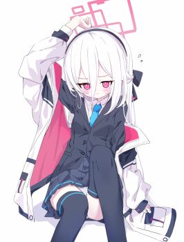 Rule 34 | 1girl, black hairband, blue archive, blue necktie, commentary request, hairband, halo, highres, jacket, kei (blue archive), kei (new body) (blue archive), necktie, panties, shirt, simple background, skirt, solo, thighhighs, tttlr, underwear, white background, white hair